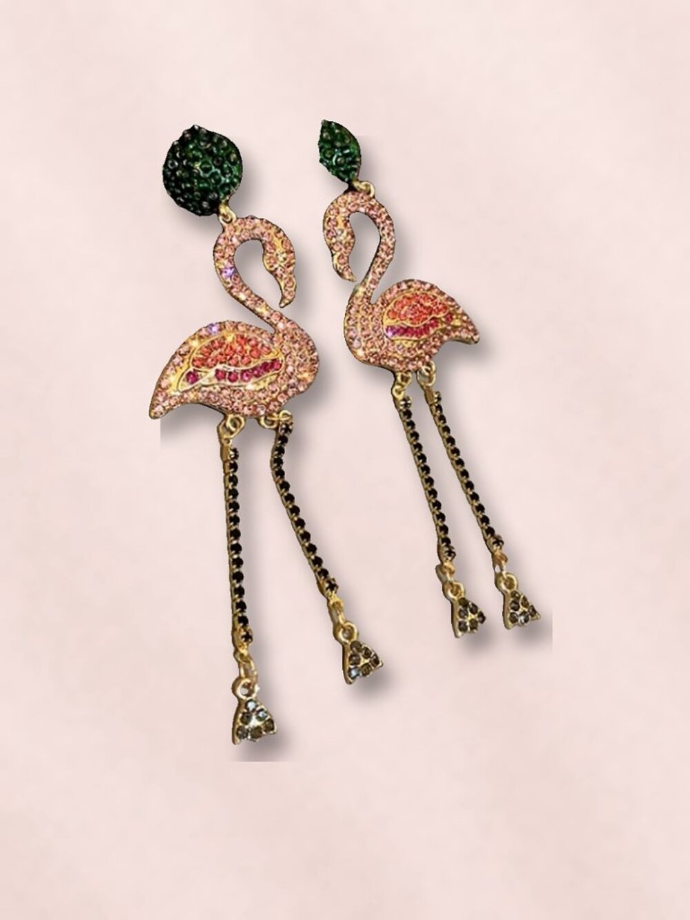 Pink Rhinestone Flamingo Drop Earrings with Green Crystal Studs, Gold Plated NWT